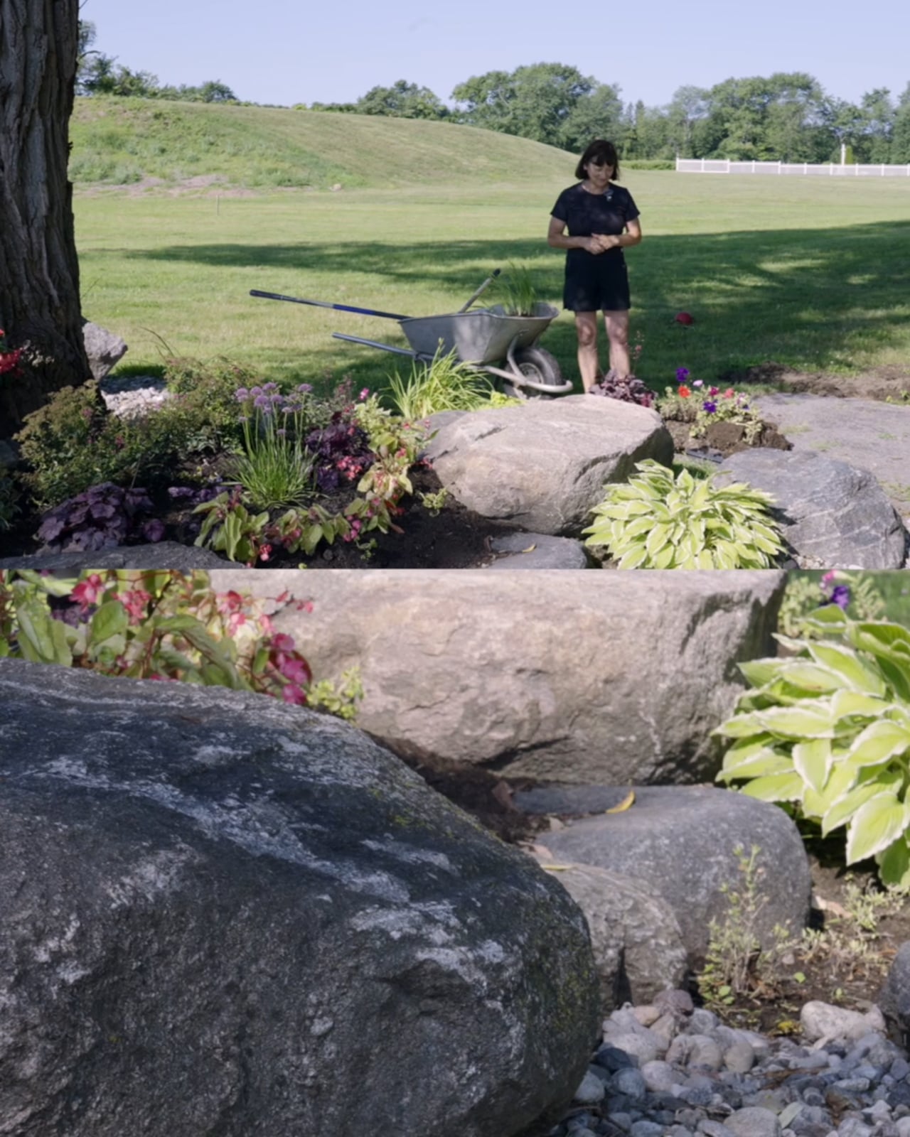 Armour stone set into a planted garden bed with lawn beyond