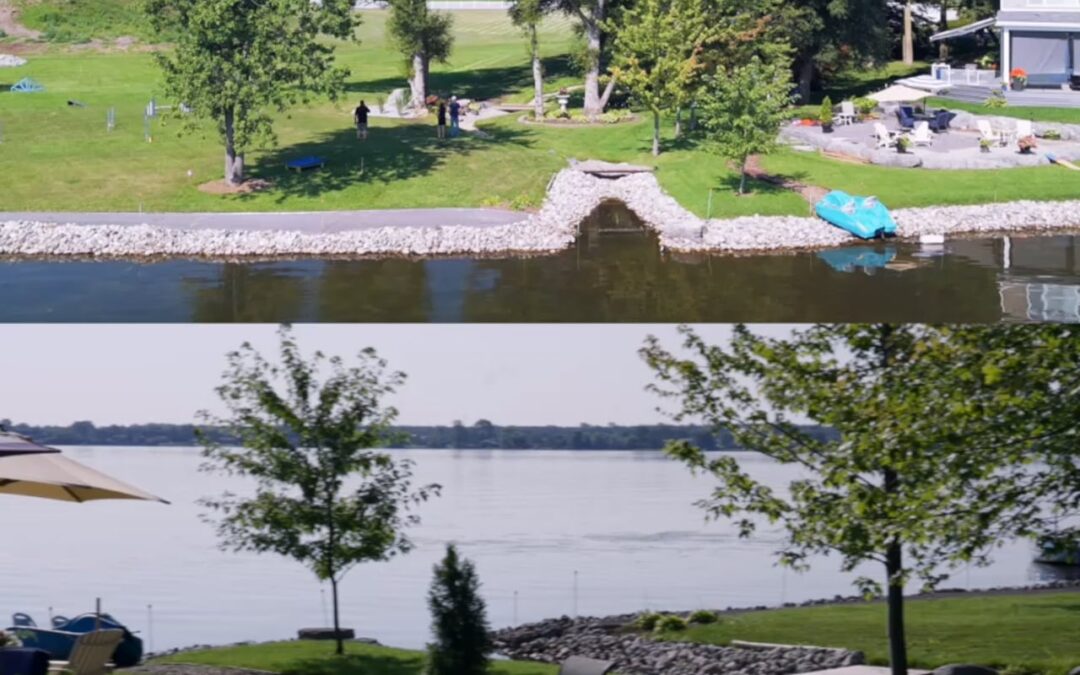 A stone-lined creek curving to the shoreline of the Bay of Quinte