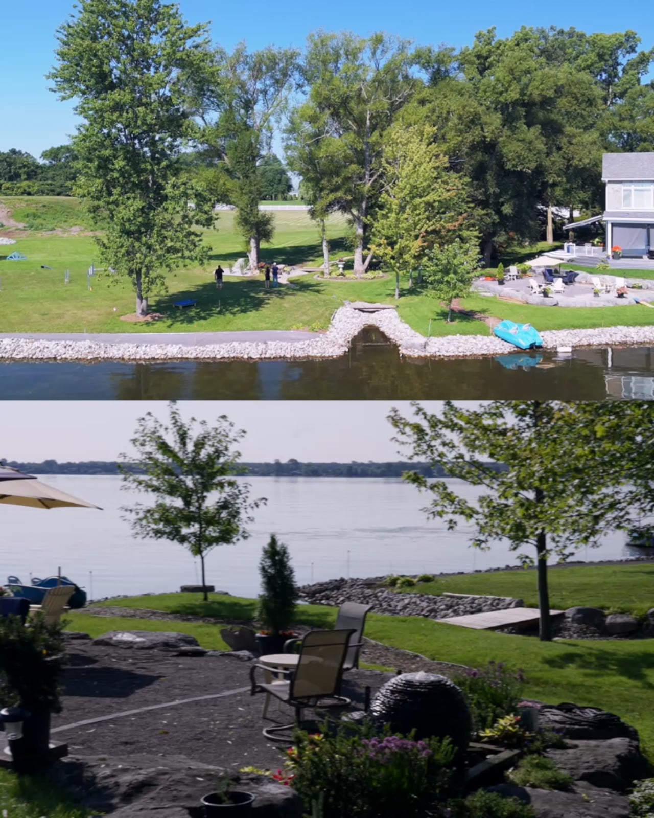 A stone-lined creek curving to the shoreline of the Bay of Quinte